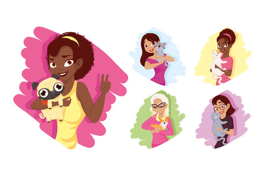 Women with dogs and cats mascots icon set vector design
