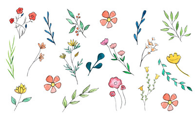 Set of abstract watercolor flowers on a white background.