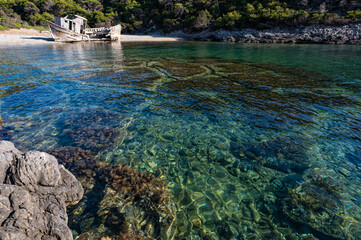 Shipwreck abandoned at a beach of Skyros island in Greece