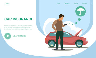 Auto insurance or car service website. Landing page template with car owner cartoon character, flat vector illustration. Car insurance agency website, car service