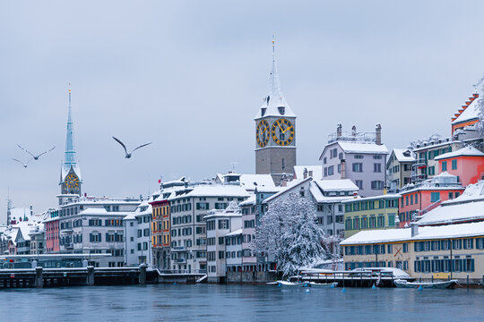 Cityscape of Zurich (Switzerland), River Limmat, Fraumunster Church and St Peter Church