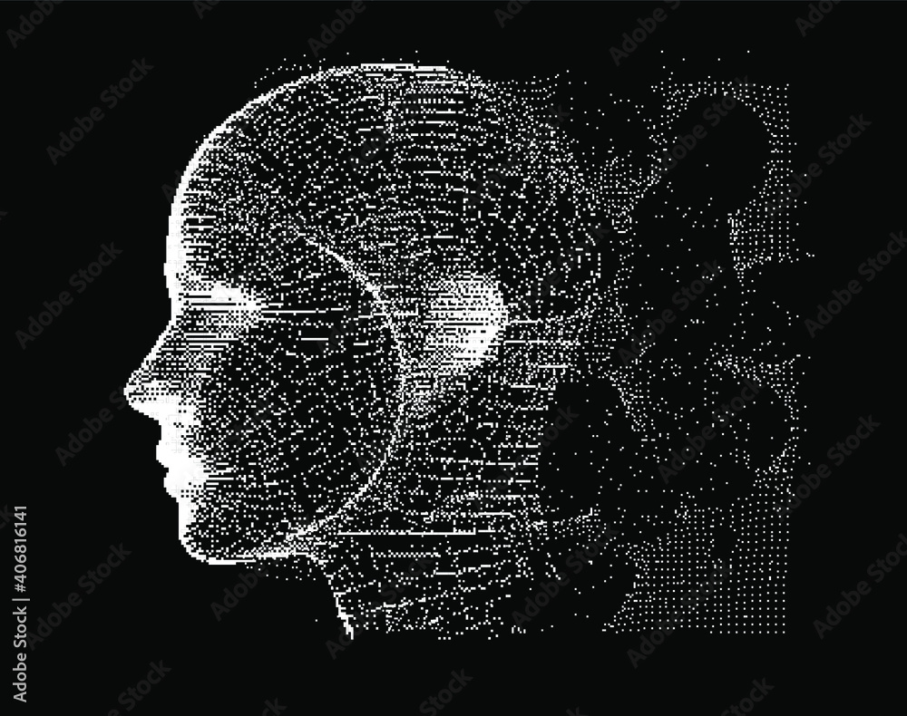 Poster Abstract technology background with 3d face made of particles. Conceptual illustration of Artificial intelligence.