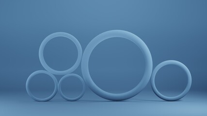 3d render of a circles, light blue monochrome with empty space 
