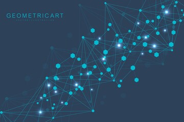 Obraz premium Geometric abstract background with connected line and dots. Structure molecule and communication. Big Data Visualization. Medical, technology, science background. Vector illustration.
