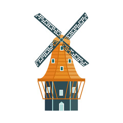 Wooden building of windmill with propeller flat vector illustration isolated.