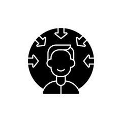 Customer centricity black glyph icon. Consumer satisfaction. Client centric business. Service with integrity. Core corporate values. Silhouette symbol on white space. Vector isolated illustration