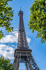 The Eiffel Tower surrounded by green tree leaves in Paris, France on a blue sky with white clouds background