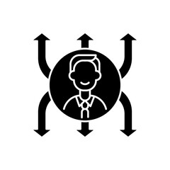 Flexibility black glyph icon. Work agility. Professional goals. Employee performance, improvement direction. Core corporate values. Silhouette symbol on white space. Vector isolated illustration