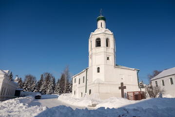 White stone bell tower of St. John the Baptist Diocesan Monastery, Kazan, Russia.