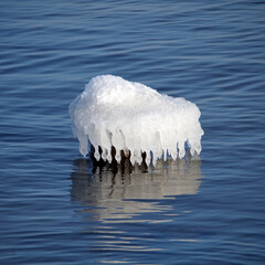 Unusual bizarre shape icicles on the sea in cold winter weather