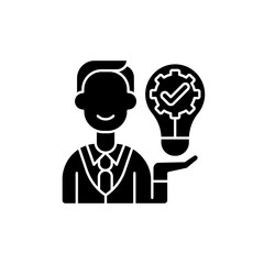 Ownership focus black glyph icon. Employee commitment. Creative work. Job productivity, effectiveness. Corporate values. Company policy. Silhouette symbol on white space. Vector isolated illustration