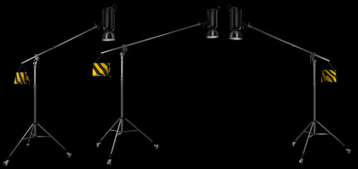 Photography high speed studio flash on boom with stand isolated on black.