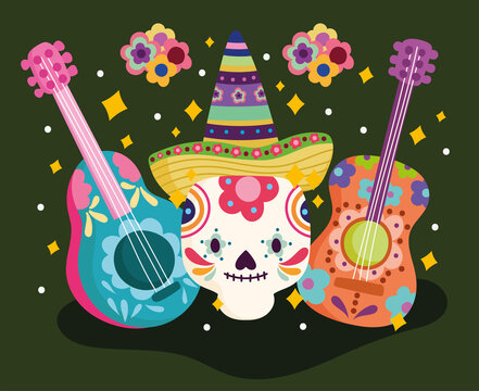 mexico day of the dead skull with guitar and flowers decoration culture traditional