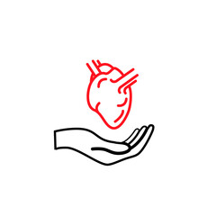 Hand hold an anatomical heart, healthcare concept outline icon on white