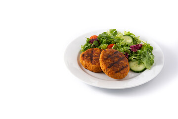 Delicious healthy chickpea burger and salad isolated on white background