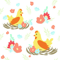 Obraz premium Easter holiday pattern . Vector pattern with chicken. Vector flowers plants. Chicken in the nest. Easter Egg