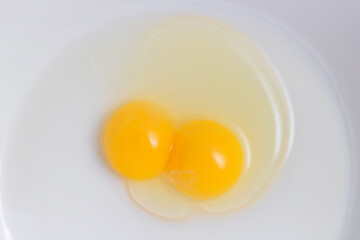 A unique egg with two yolks on a white plate.