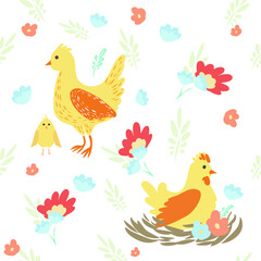 Easter holiday pattern . Vector pattern with chicken. Vector flowers plants. Chicken in the nest. Easter Egg
