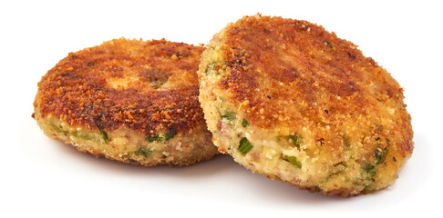 Mashed potato pancakes in breadcrumbs, isolated on white background.
