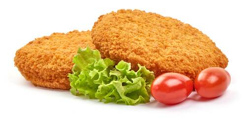 Fried Chicken cordon bleu with cheese in breadcrumbs, restaurant food, isolated on white background
