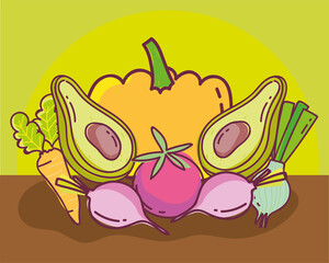 food pattern vegetable pumpkin avocado tomato radish onion and carrot,