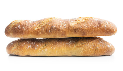 Two crispy fresh baguettes isolated on white background.