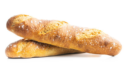 Two crispy fresh baguettes isolated on white background.