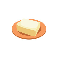 Square piece of butter on plate flat vector illustration isolated on white.