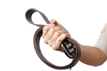 Leather belt in a woman's hand clenched into a fist.