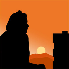 sun rising with Vector girl silhouette