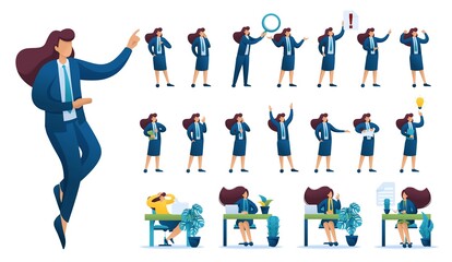Set of Businesswoman. Presentation in various in various poses and actions. 2D Flat character vector illustration N2