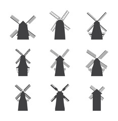 Black windmill silhouette icon set - flat wind mill buildings collection