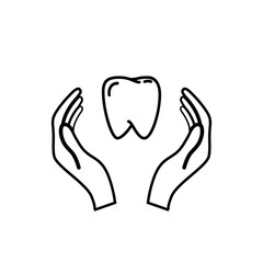 Hands hold a tooth, healthcare concept outline icon on white