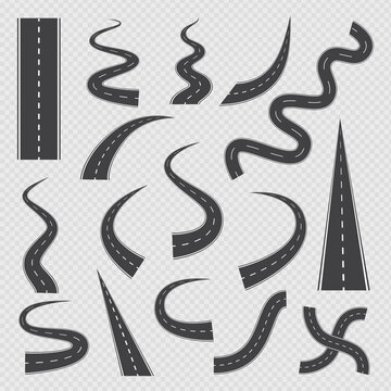 A set of vector isolated icons winding, crossroads highways and roads.