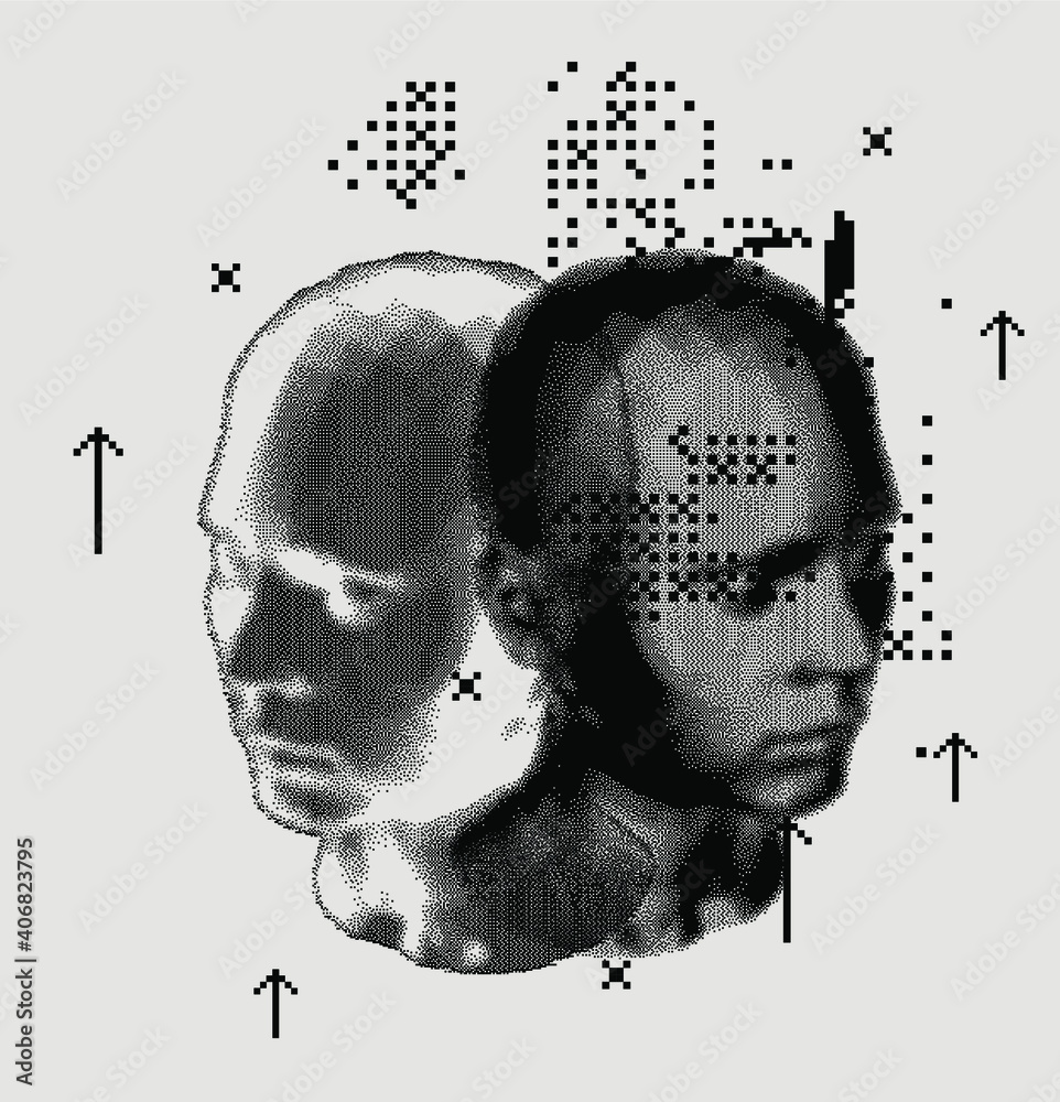 Poster Abstract technology background with 3d face made of particles. Conceptual illustration of Artificial intelligence.