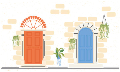 two orange and blue front doors with plants vector design