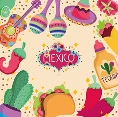 mexico culture traditional tequila food guitar maraca cactus decoration background