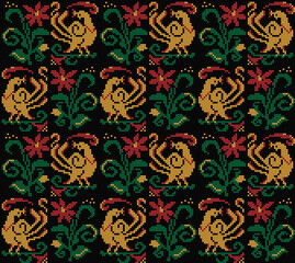 Seamless knitted pattern with the image of fairy-tale birds and bright flowers on the theme of Russian fairy tales.