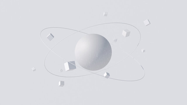 Big white textured sphere and orbiting cubes. Abstract illustration, 3d render.