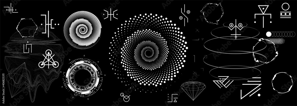 Poster fantasy abstract shapes in minimal style. futuristic elements and astronomical bodies, alien signs, 