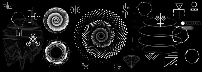 Fantasy abstract shapes in minimal style. Futuristic elements and astronomical bodies, alien signs, alchemical enigmatic symbols, 3D objects and futuristic shapes. Set of neo memphis. Vector set