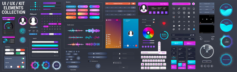 Neon UI / UX / KIT elements big set. Universal interface elements for Mobile App or Web design template - buttons, switches, bars, search, screens display, calendar, video players. Vector UI UX set - obrazy, fototapety, plakaty
