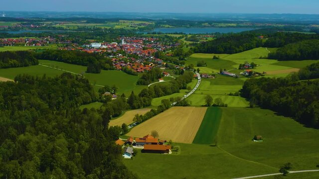 Aerial view around the village Waging am See  in  Bavaria on a sunny spring day.