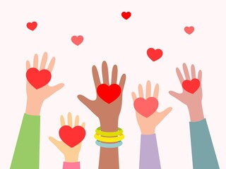 Hands with hearts. Concept of volunteering, charity and donation. Give and share your love