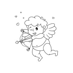 Cute cartoon Cupid with bow, arrow of love and hearts.  Illustration for a Valentine's Day. Black and white vector illustration for coloring book