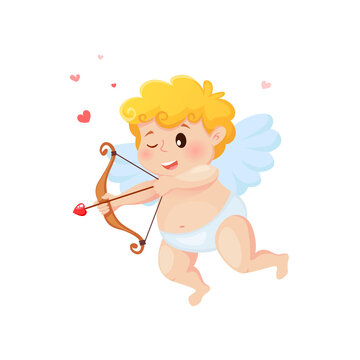 Cute cartoon Cupid with bow, arrow of love and hearts. Illustration for a Valentine's Day