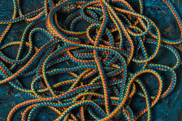 Nylon rope on a decorative wooden background