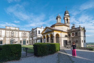 Fototapeta premium Monselice Santuario delle 7 Chiese, view of the church of San Giorgio from the square of Villa Duodo in a summer day with blue sky and clouds Padua, Veneto, Italy.
