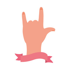 girl power design, hand with rock symbol gesture and pink ribbon, flat style