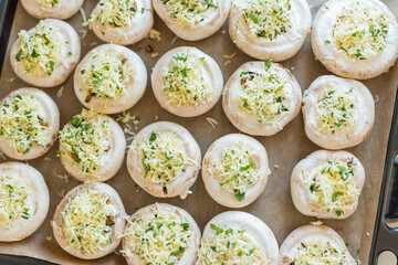 Top view photo of mushrooms getting ready to cook.
